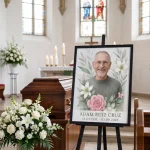 retrato conmemorativo del difunto con marco floral en ceremonia funeraria