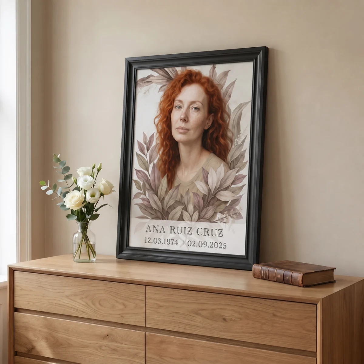 Retrato de porcelana para lápida con motivo floral y marco negro, conservado en casa