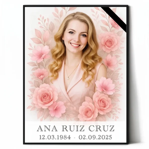 Retrato de porcelana para lápida con foto en color y marco floral rosa