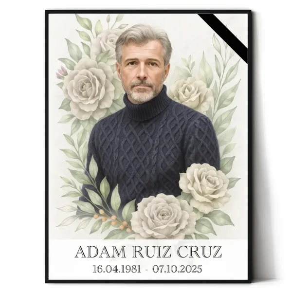 Retrato de porcelana para lápida con foto y motivo floral