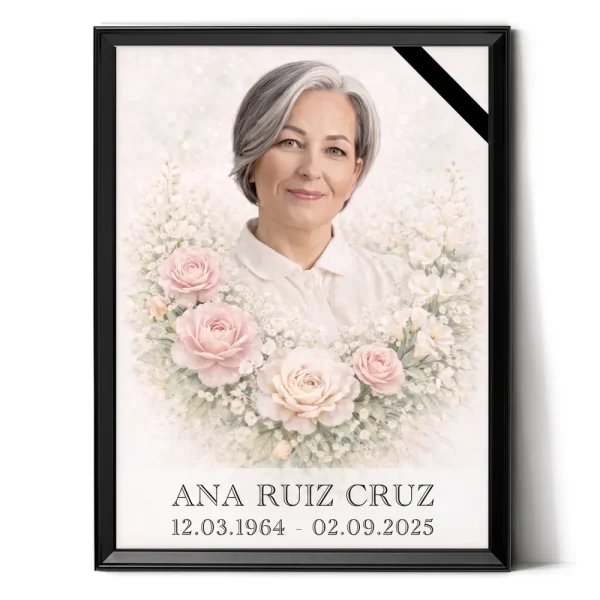 Retrato de una mujer canosa con camisa clara entre rosas rosadas y color crema con paniculata, en un marco negro ancho con crespón