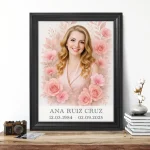 Retrato conmemorativo del difunto con marco floral en tonos rosas
