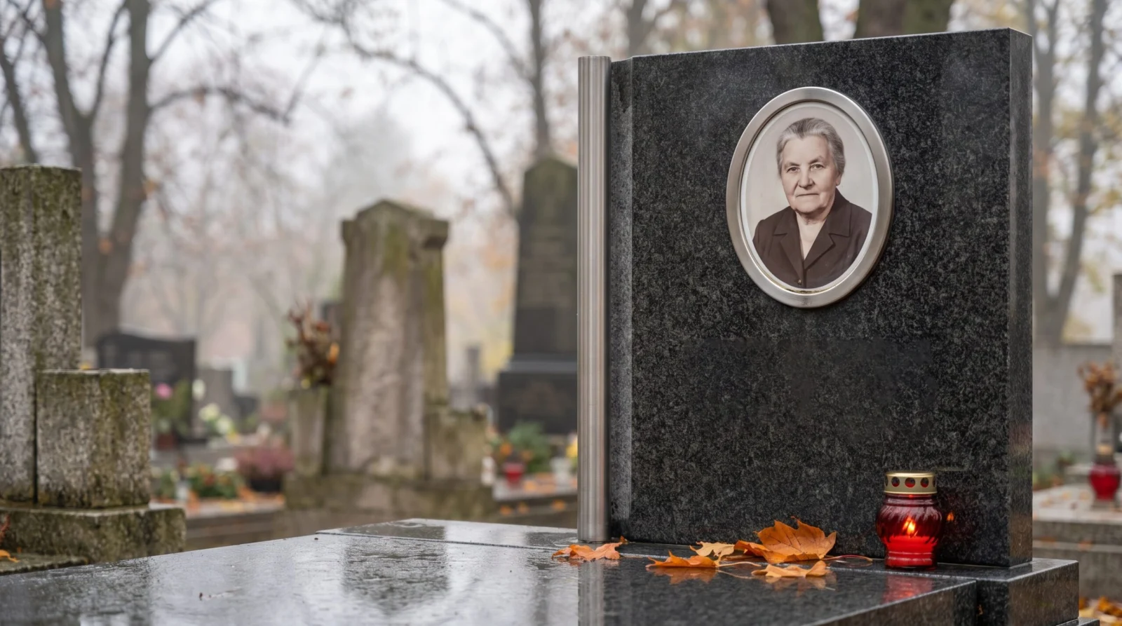 Retrato ovalado de porcelana montado en una lápida de granito pulido