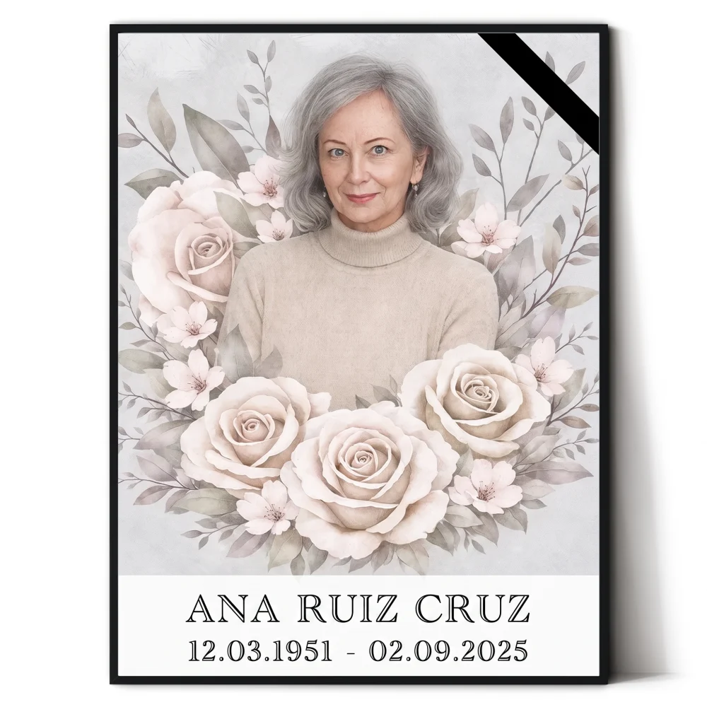 Retrato conmemorativo personalizado con foto para lápida placa para lápida con foto personalizada y motivo floral