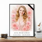 Placa personalizada para panteón con foto propia y flores rosas