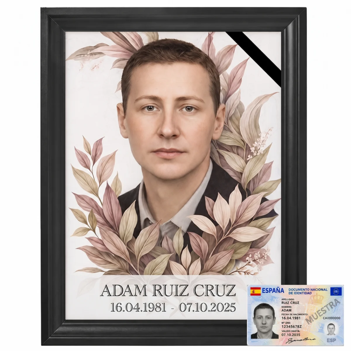 Placa personalizada para panteón elaborada a partir de la foto del DNI, con marco y orla floral