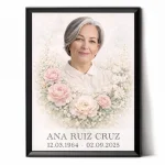 retrato de porcelana para lápida con foto del difunto y flores
