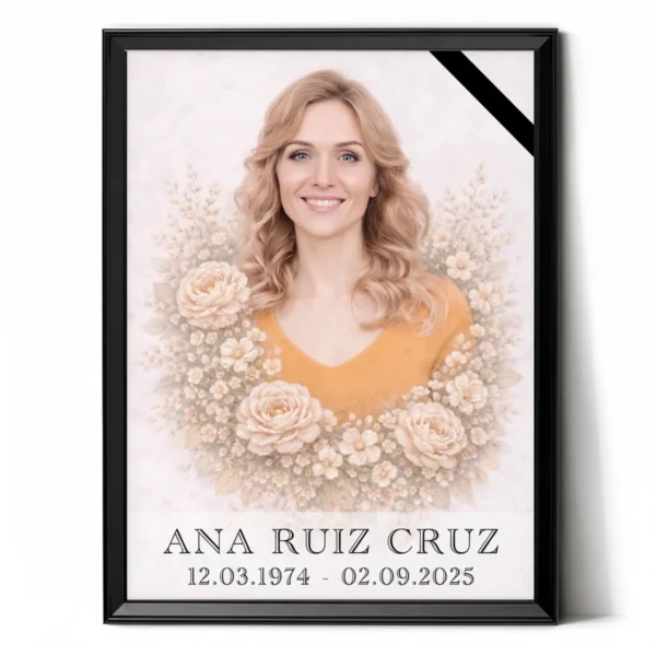 retrato de porcelana para lápida con motivo floral personalizado
