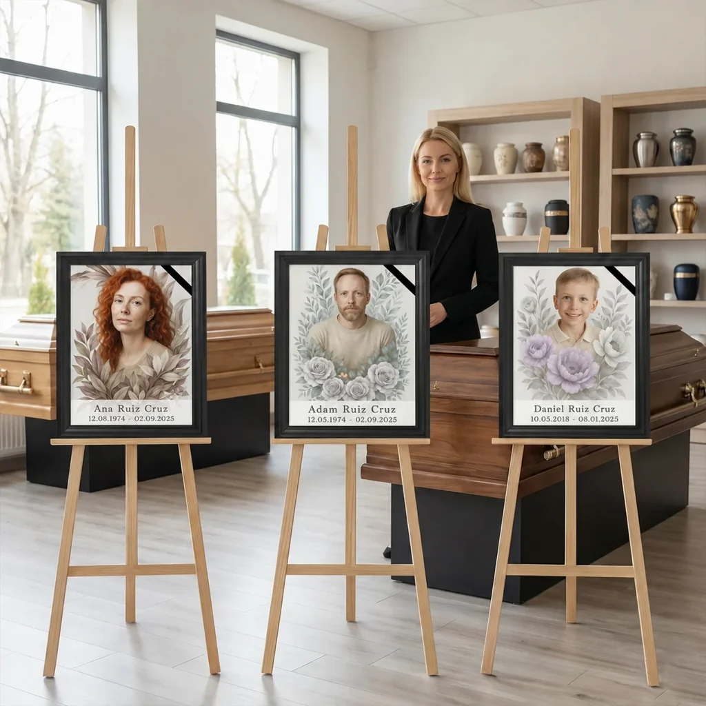Retratos personalizados en marco negro para panteón, colaboración marmolista placas funerarias