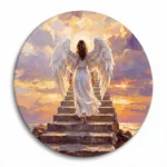 Round decorative panel for a memorial – round memorial ornament with a motif of an angel walking up stairs to heaven