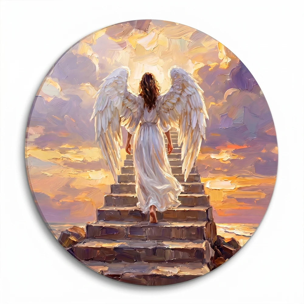 Glass panel with an angel for a memorial Round decorative panel for a memorial – round memorial ornament with a motif of an angel walking up stairs to heaven