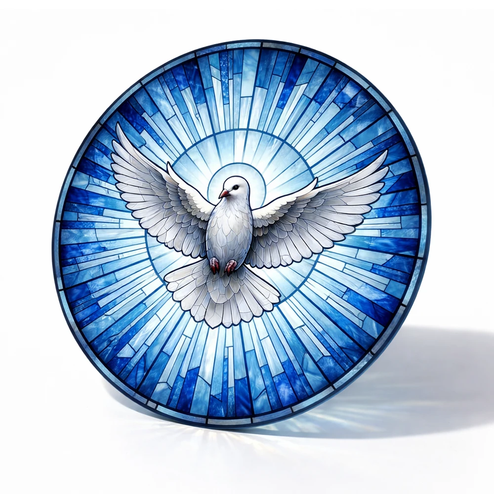 Round glass panel in the stained-glass style for a headstone Round glass panel in the stained-glass style for a headstone with a dove motif