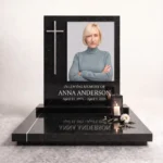 Single modern headstone with a large memorial photo of a woman