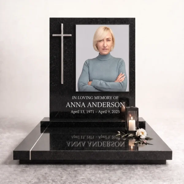 Single modern headstone with a large memorial photo of a woman