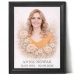 Personalizowana tablica na pomnik z portretem kobiety i kwiatowym motywem dekoracyjnym