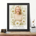 Personalizowana tablica na pomnik z portretem zmarłej w kwiatowej ramie