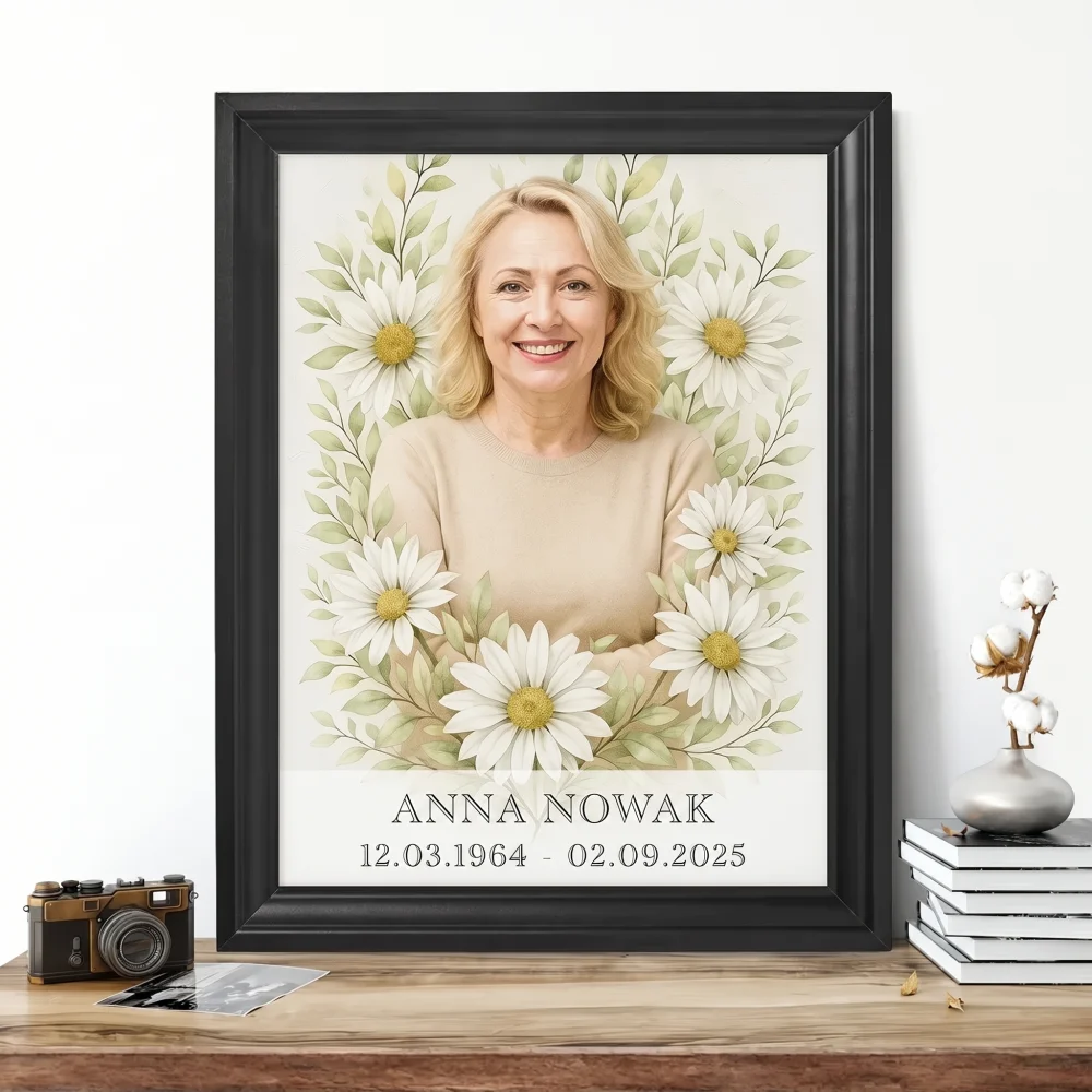 Spersonalizowany portret na pomnik z motywem kwiatowym Personalizowana tablica na pomnik z portretem zmarłej w kwiatowej ramie