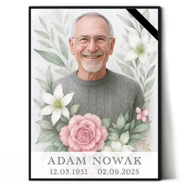 Personalizowana tablica na pomnik ze zdjęciem zmarłego i kwiatami