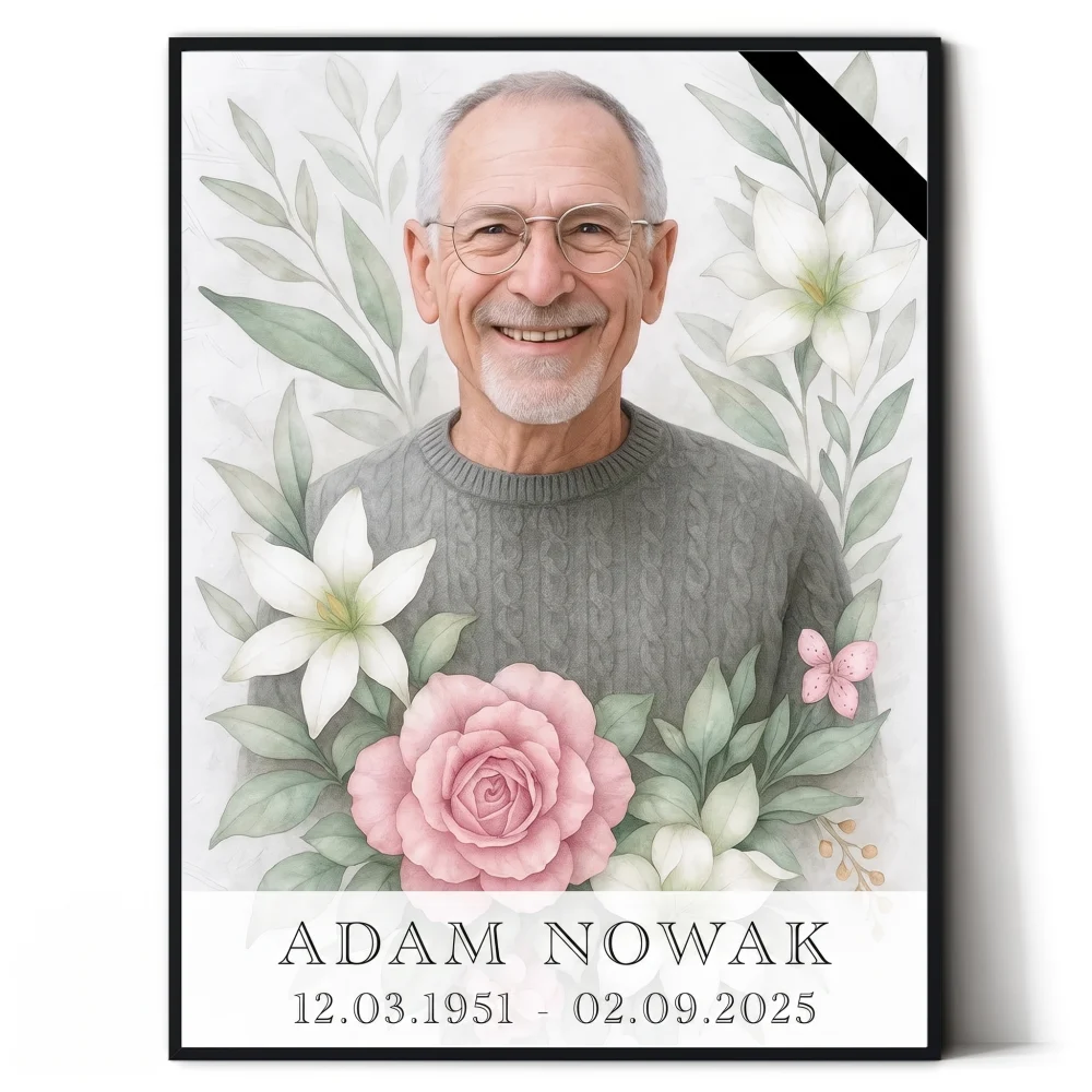 Spersonalizowany portret na pomnik z kwiatowym motywem Personalizowana tablica na pomnik ze zdjęciem zmarłego i kwiatami