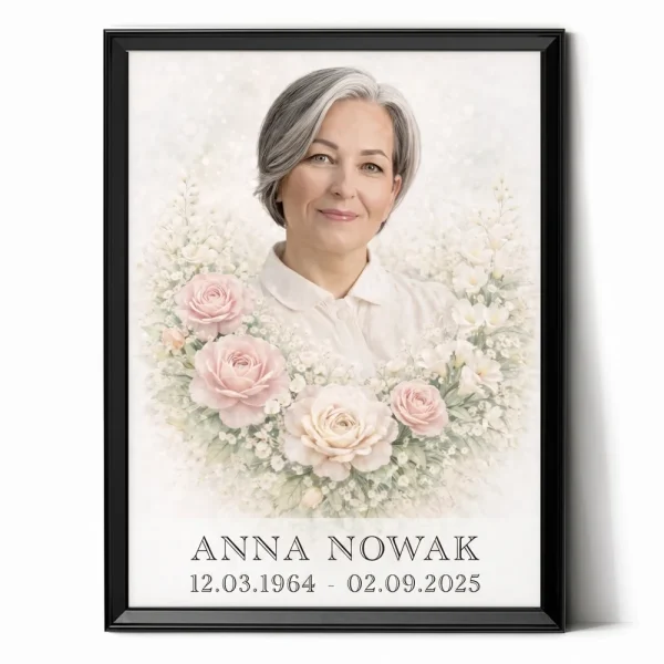 Spersonalizowany portret na pomnik wykonany na podstawie zdjęcia z motywem kwiatowym