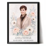 personalizowany portret na pomnik ze zdjęcia zmarłej w kwiatowej oprawie