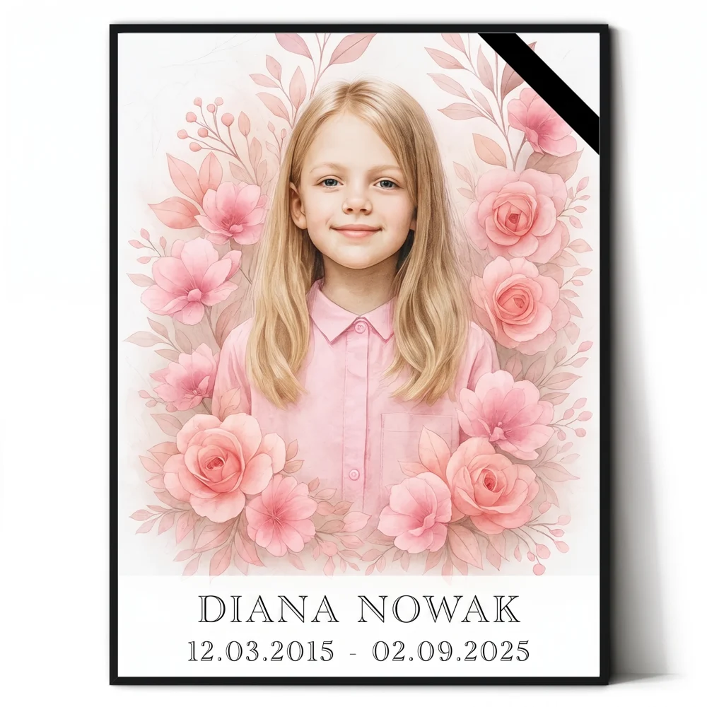 Spersonalizowany portret pamiątkowy z kwiatami – tablica na zamówienie Personalizowana tablica na pomnik z portretem dziecka i kwiatowym motywem