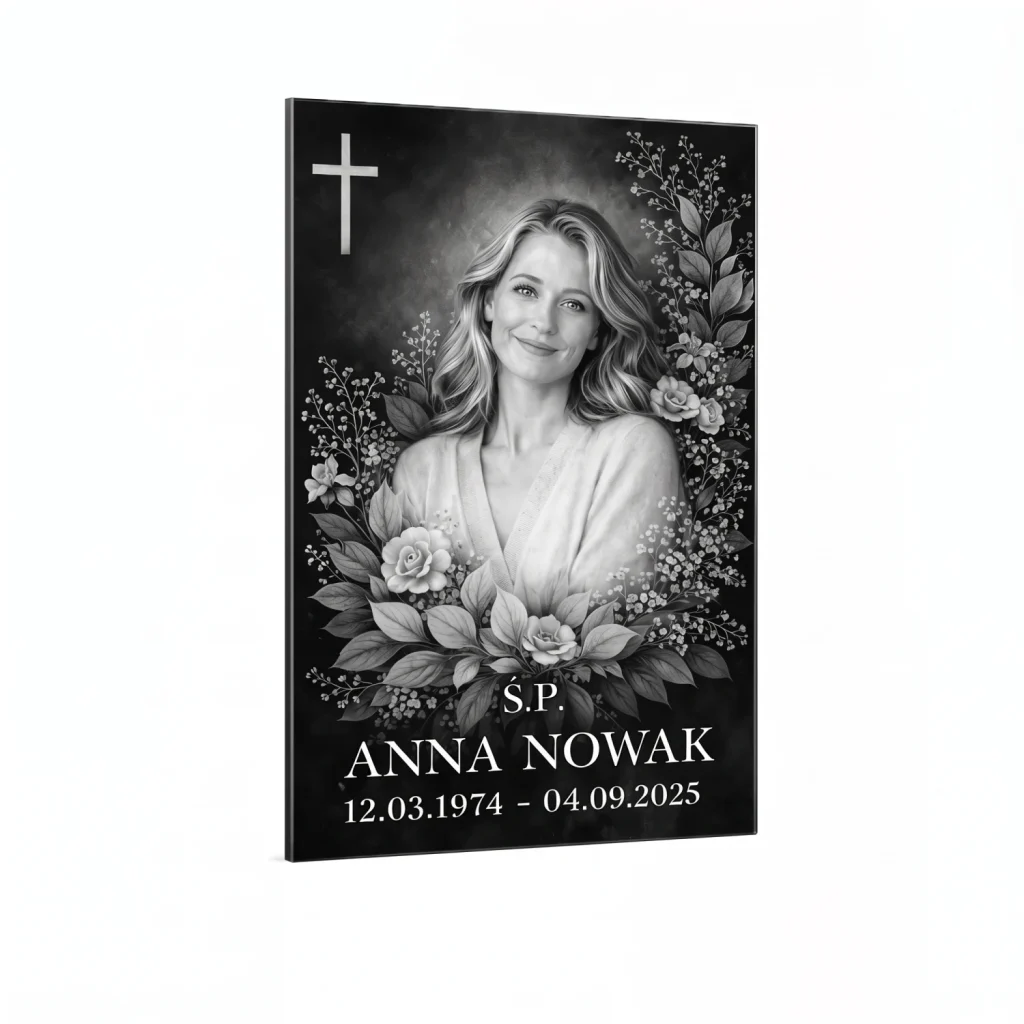 Black glass plaque with a black-and-white portrait of a woman among roses and a white cross