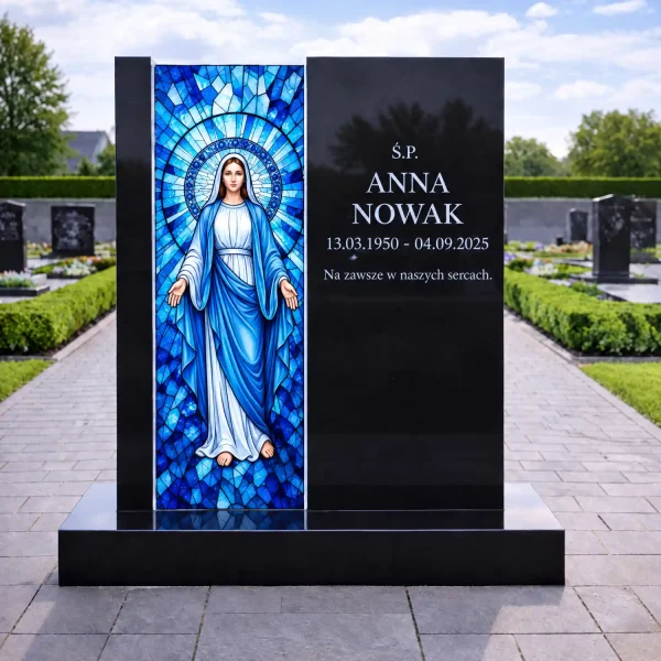 panel szklany na nagrobek z motywem religijnym przedstawiającym Matkę Boską
