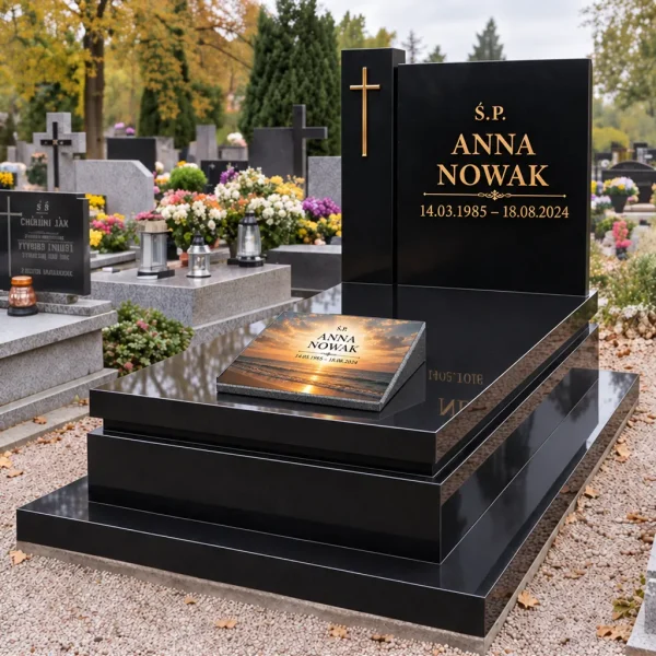 Dodatkowa tabliczka na pomnik z indywidualnym motywem na czarnym granitowym pomniku
