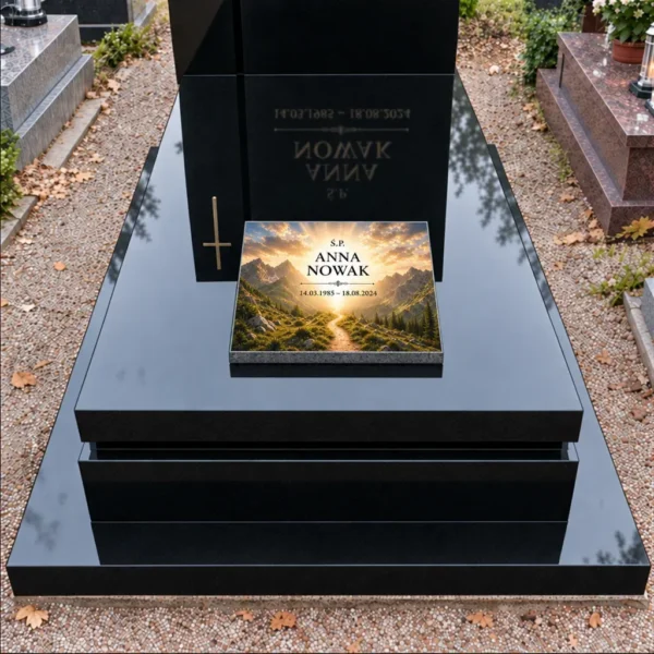 Tabliczka na pomnik z motywem górskiego szlaku na płycie czarnego nagrobka, widok z przodu