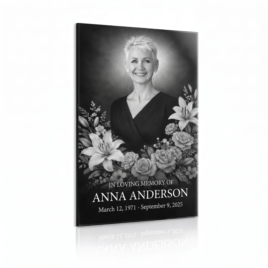 Tempered glass memorial plaque with black and white photo of deceased and floral motif