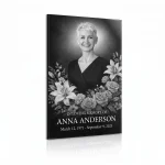 Tempered glass memorial plaque with black and white photo of deceased and floral motif