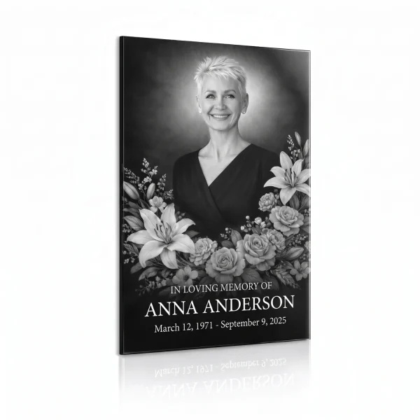 Tempered glass memorial plaque with black and white photo of deceased and floral motif