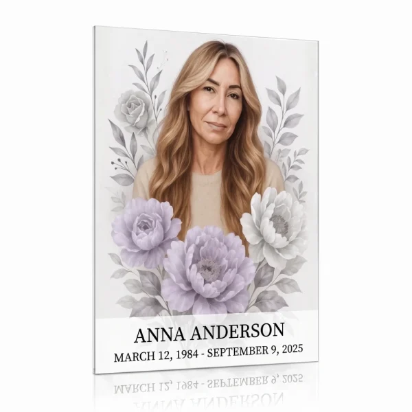 Tempered glass memorial plaque with colour photo of deceased and floral decoration