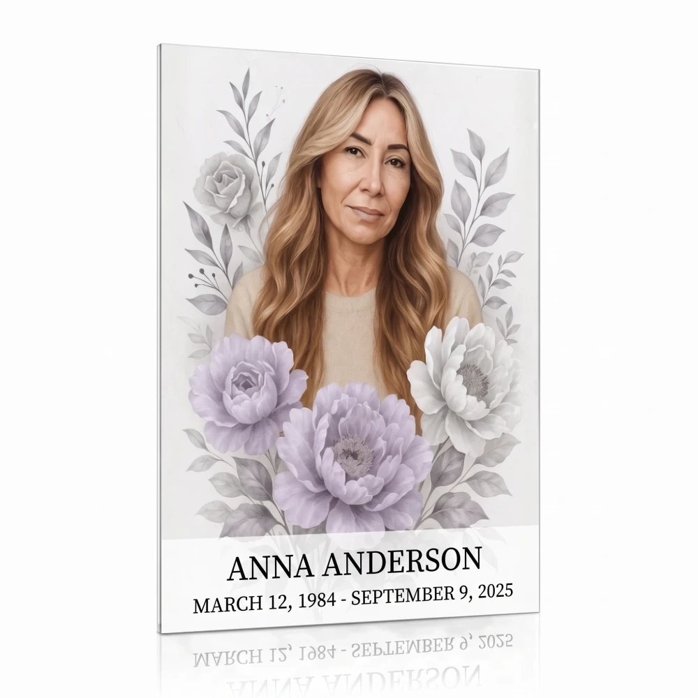 Tempered glass memorial plaque with colour photo of deceased and floral decoration