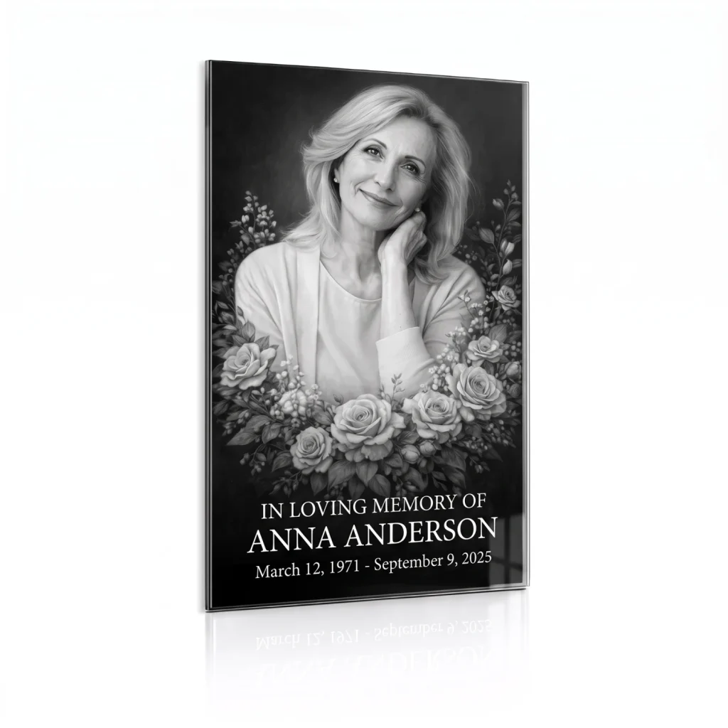tempered glass memorial plaque with black and white photo and floral border
