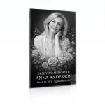tempered glass memorial plaque with black and white photo and floral border
