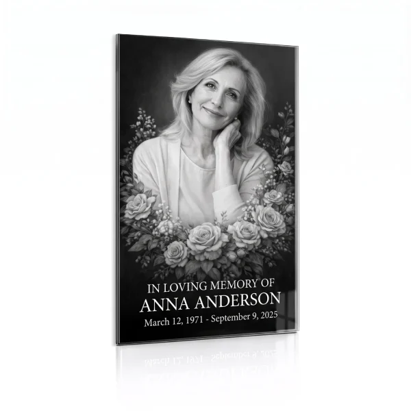 tempered glass memorial plaque with black and white photo and floral border