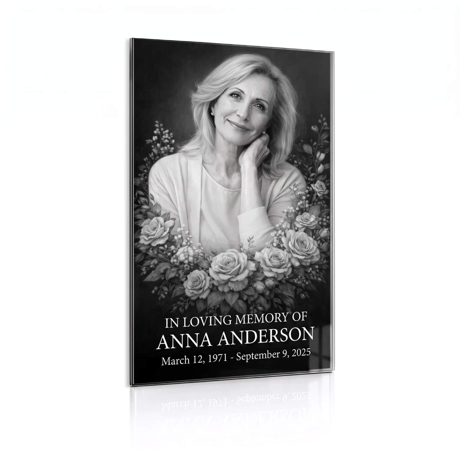 Black and White Glass Memorial Plaque with Floral Portrait tempered glass memorial plaque with black and white photo and floral border