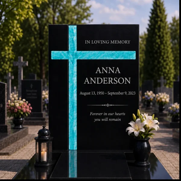 Black granite headstone with an inset turquoise asymmetric cross, a lantern and white lilies