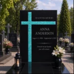 Turquoise asymmetric glass cross on a black granite headstone