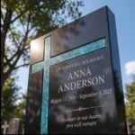 Turquoise asymmetric glass cross on a black granite headstone