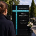 Turquoise asymmetric glass cross on a black granite headstone