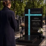 Turquoise asymmetric glass cross on a black granite headstone