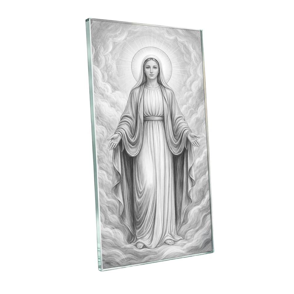Vidrio para lápida con imagen de la Virgen María Vidrio para lápida con imagen de la Virgen María – panel de vidrio para monumento con motivo religioso