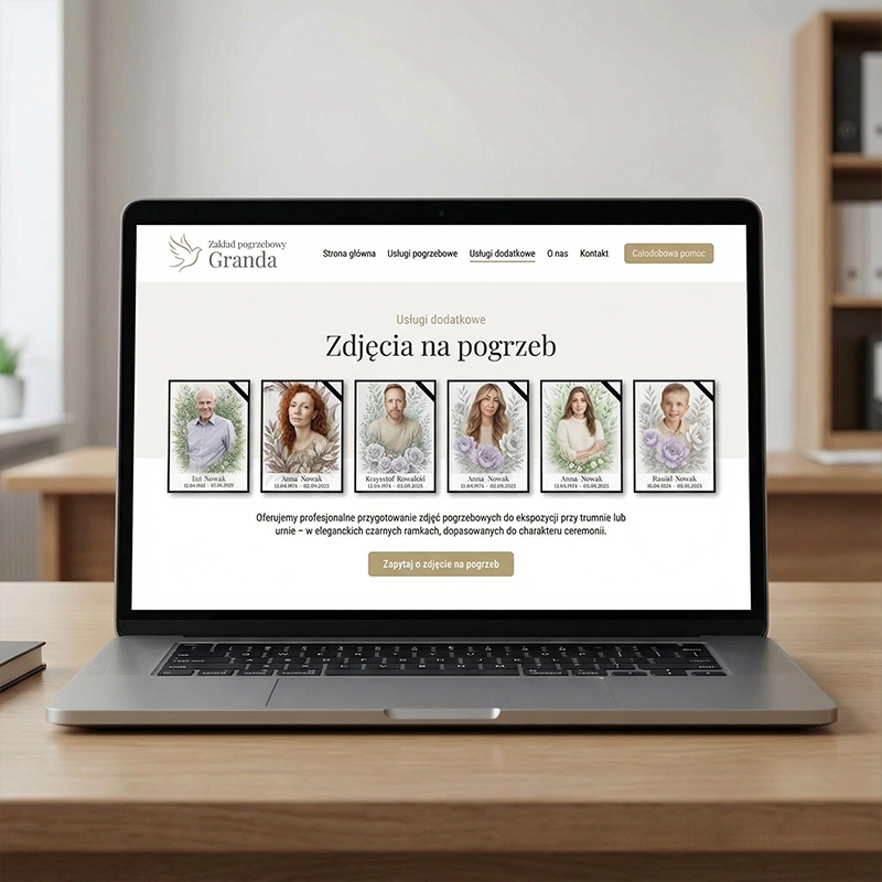 Zdjęcia na pogrzeb w czarnych ramkach na ekranie laptopa
