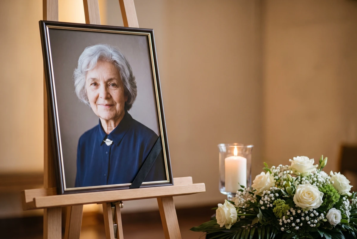 zdjęcie zmarłej na ceremonię pogrzebową w ramie na sztaludze