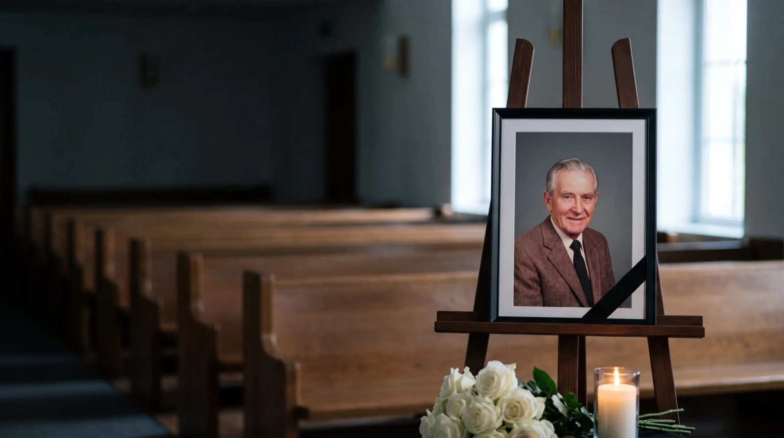 Zdjęcie zmarłego w ramie na sztaludze podczas ceremonii pogrzebowej
