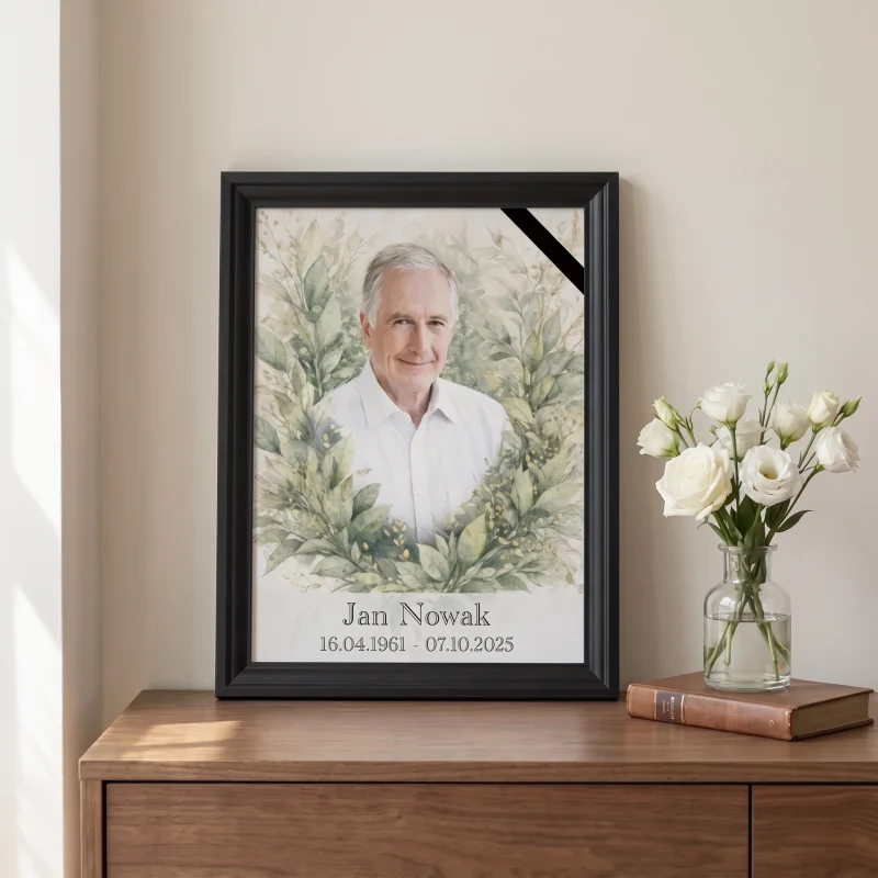 Zdjęcie pamiątkowe zmarłego w czarnej ramie z motywem wieńca, portret memorialny na ceremonię pogrzebową