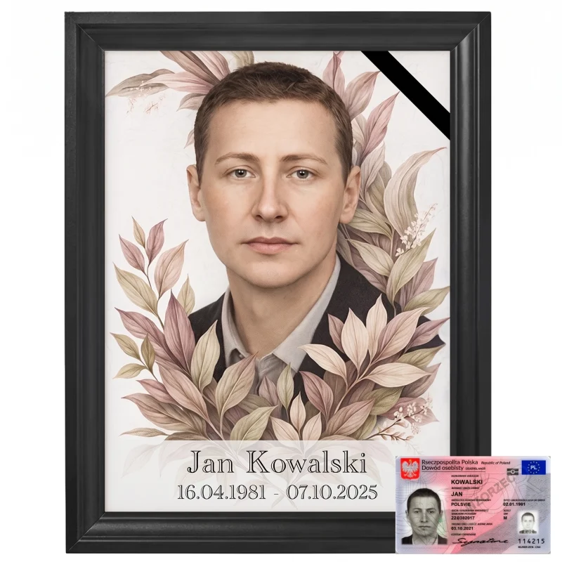 Portret memorialny zmarłego w czarnej ramie, zdjęcie na pogrzeb z ozdobnym wieńcem kwiatowym
